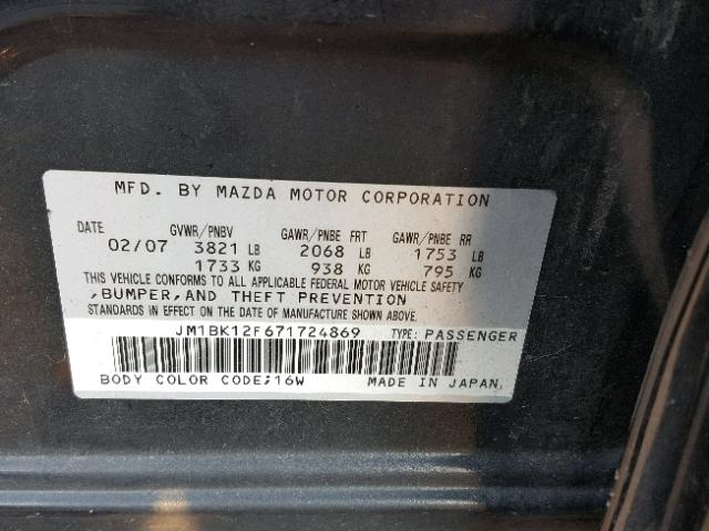 JM1BK12F671724869 - 2007 MAZDA 3 I BLACK photo 10