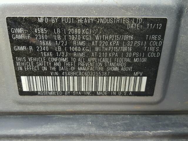 4S4BRCAC6D3255387 - 2013 SUBARU OUTBACK 2. GRAY photo 10