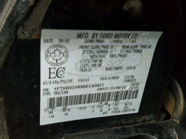 1FTWW31R98EC43831 - 2008 FORD F350 SRW S BLACK photo 10