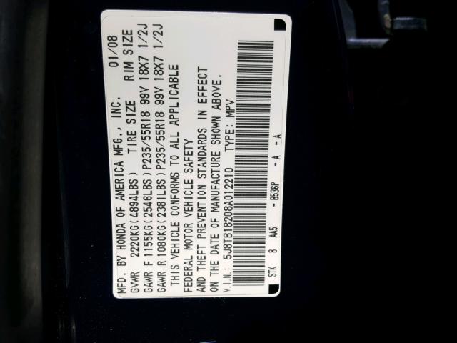 5J8TB18208A012210 - 2008 ACURA RDX BLUE photo 10