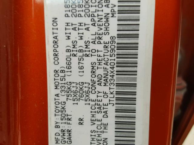 JTLKT334X40159098 - 2004 TOYOTA SCION XB Қызғылт сары фото 10