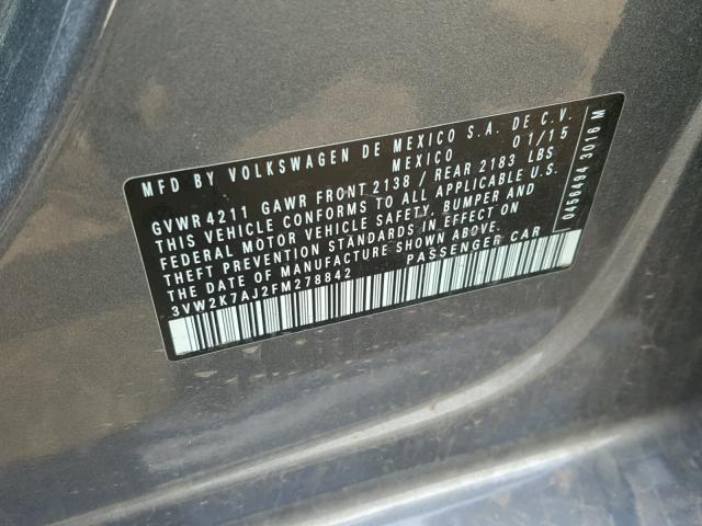 3VW2K7AJ2FM278842 - 2015 VOLKSWAGEN JETTA BASE 灰色 照片 10