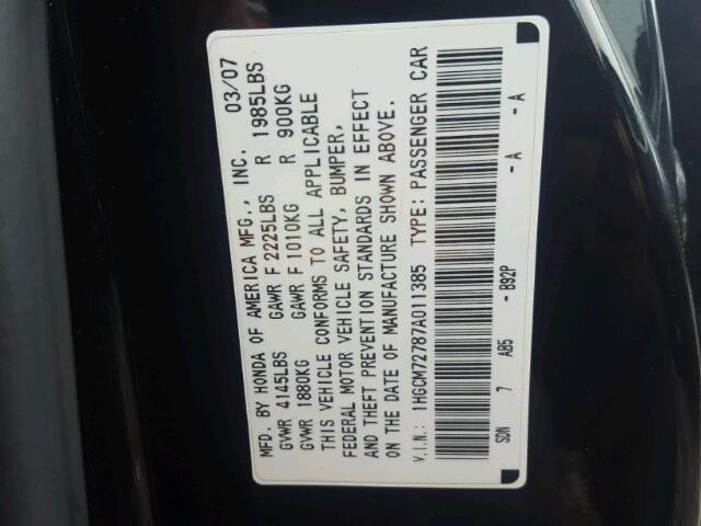 1HGCM72787A011385 - 2007 HONDA ACCORD EX BLACK photo 10