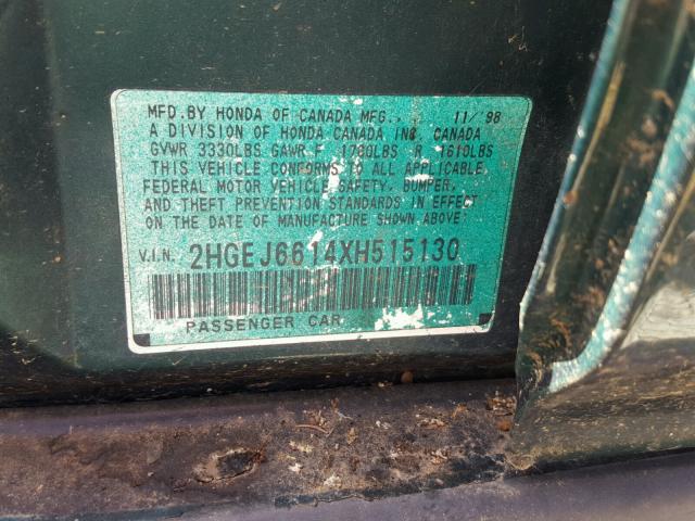 2HGEJ6614XH515130 - 1999 HONDA CIVIC BASE Yaşıl foto 10