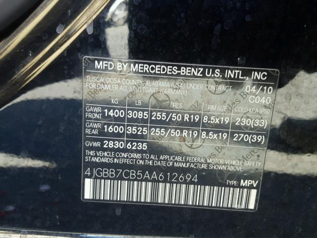 4JGBB7CB5AA612694 - 2010 MERCEDES-BENZ ML 550 4MA BLACK photo 10