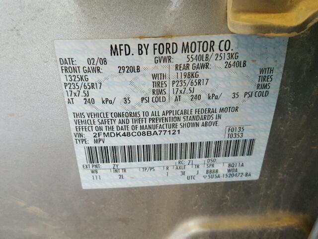 2FMDK48C08BA77121 - 2008 FORD EDGE SEL GOLD photo 10