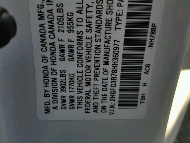 2HGFC3B78HH360977 - 2017 HONDA CIVIC EXL 白色 照片 10