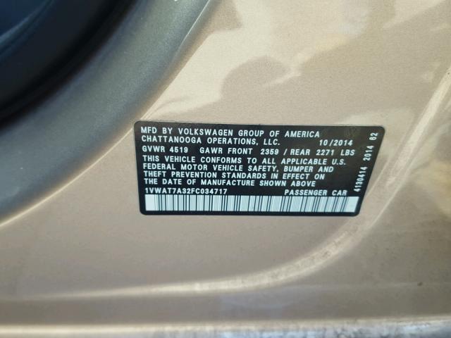 1VWAT7A32FC034717 - 2015 VOLKSWAGEN PASSAT S ოქროსფერი ფოტო 10