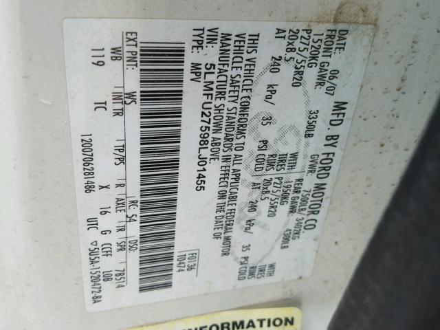 5LMFU27598LJ01455 - 2008 LINCOLN NAVIGATOR WHITE photo 10