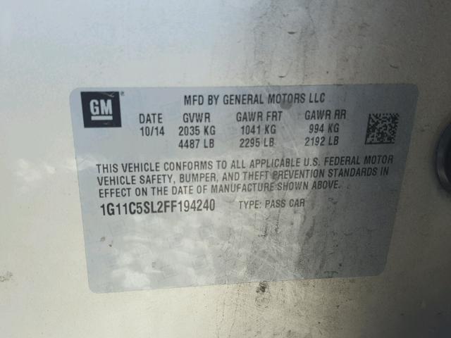 1G11C5SL2FF194240 - 2015 CHEVROLET MALIBU 1LT ოქროსფერი ფოტო 10