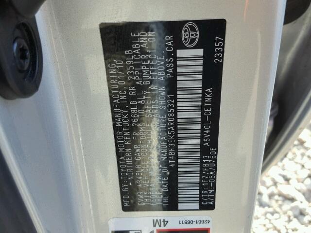 4T4BF3EK5AR085321 - 2010 TOYOTA CAMRY BASE SILVER photo 10