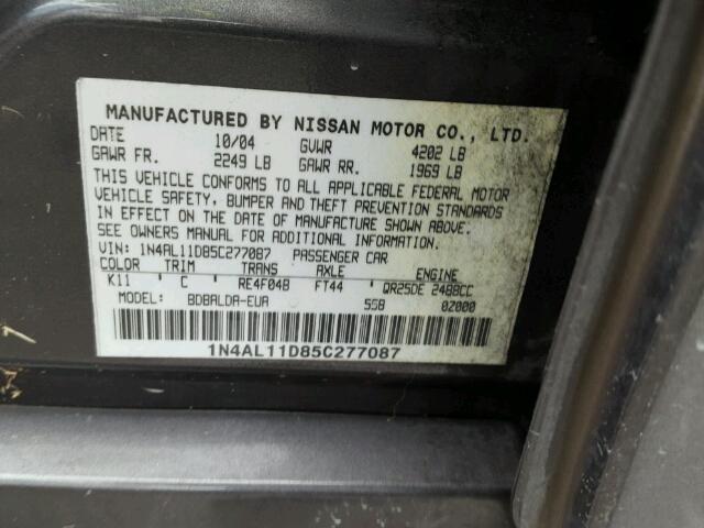 1N4AL11D85C277087 - 2005 NISSAN ALTIMA S GRAY photo 10