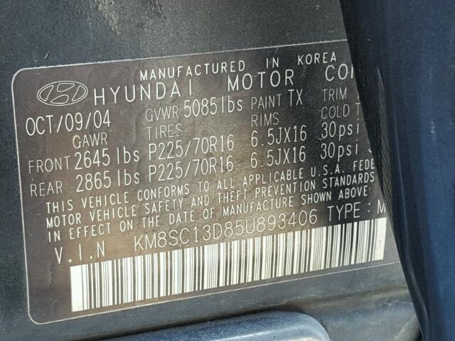 KM8SC13D85U893406 - 2005 HYUNDAI SANTA FE G BLACK photo 10