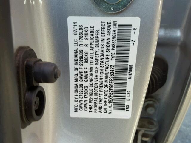 19XFB2F96EE263422 - 2014 HONDA CIVIC SILVER photo 10