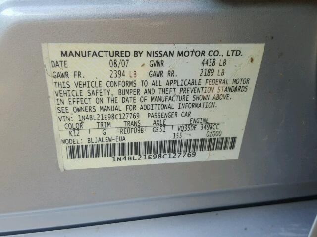 1N4BL21E98C127769 - 2008 NISSAN ALTIMA 3.5 SILVER photo 10