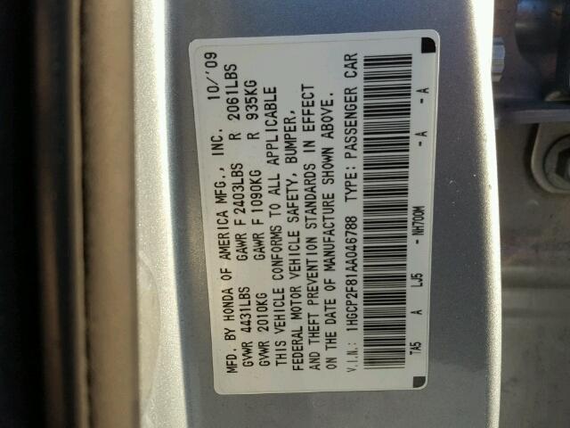 1HGCP2F81AA046788 - 2010 HONDA ACCORD SILVER photo 10