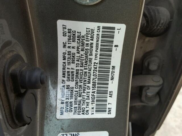 1HGFA16887L072472 - 2007 HONDA CIVIC EX TAN photo 10