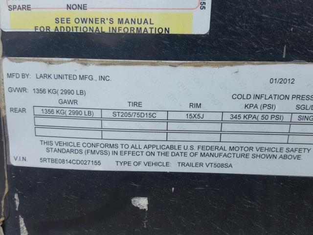 5RTBE0814CD027155 - 2012 UTILITY TRAILER BLACK photo 10