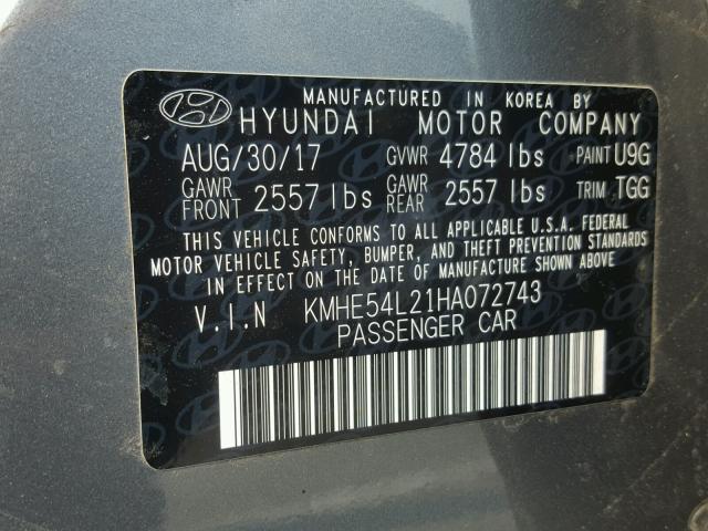 KMHE54L21HA072743 - 2017 HYUNDAI SONATA PLU GRAY photo 10