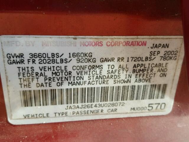 JA3AJ26E43U028072 - 2003 MITSUBISHI LANCER ES RED photo 10