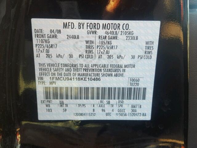 1FMCU94118KE10486 - 2008 FORD ESCAPE BLACK photo 10