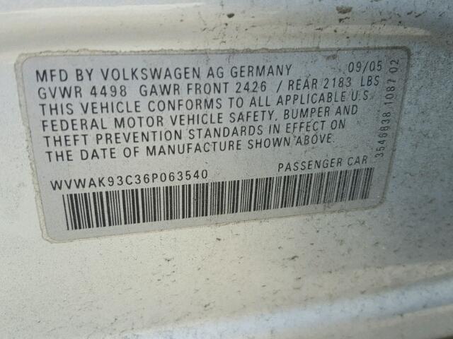 WVWAK93C36P063540 - 2006 VOLKSWAGEN PASSAT 2.0 SILVER photo 10