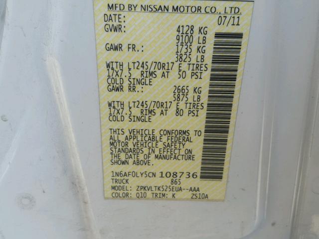 1N6AF0LY5CN108736 - 2012 NISSAN NV 2500 WHITE photo 10