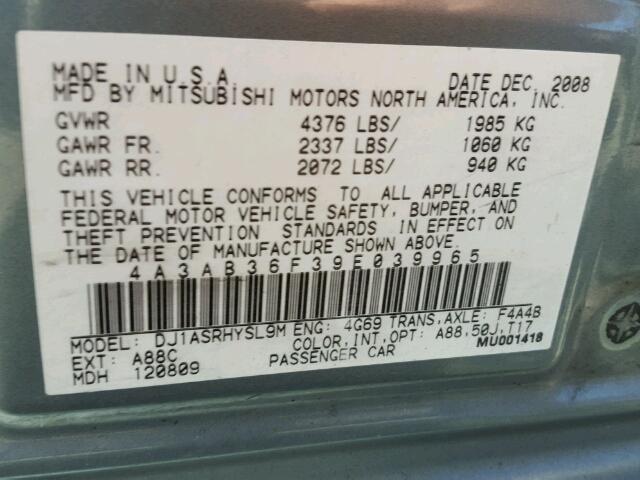 4A3AB36F39E039965 - 2009 MITSUBISHI GALANT GRAY photo 10