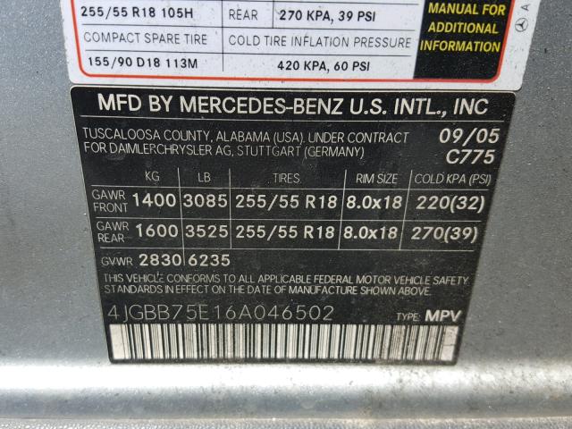 4JGBB75E16A046502 - 2006 MERCEDES-BENZ ML 500 SILVER photo 10