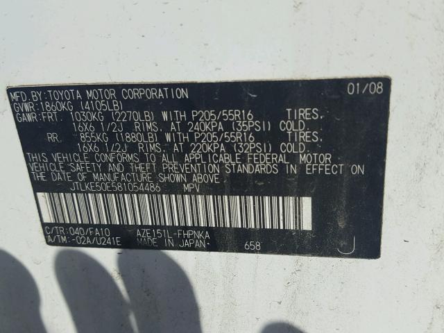 JTLKE50E581054486 - 2008 SCION XB WHITE photo 10