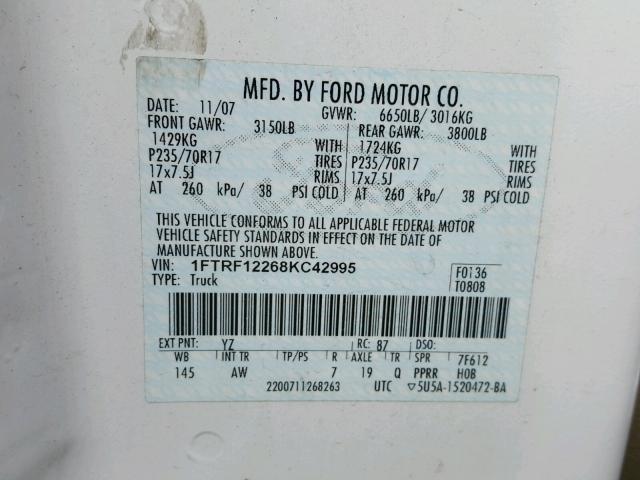 1FTRF12268KC42995 - 2008 FORD F150 WHITE photo 10