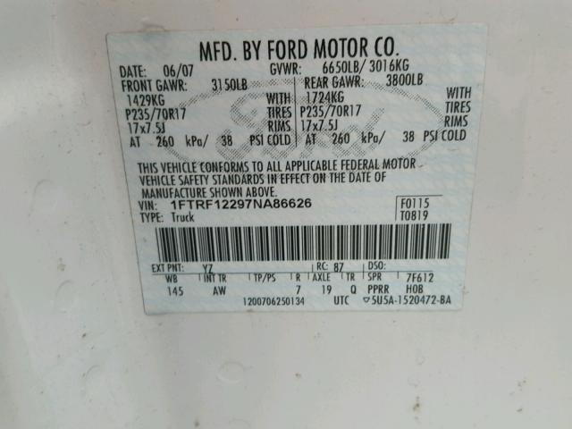 1FTRF12297NA86626 - 2007 FORD F150 WHITE photo 10