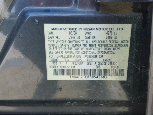 1N4AL21E88N543683 - 2008 NISSAN ALTIMA CHARCOAL photo 10