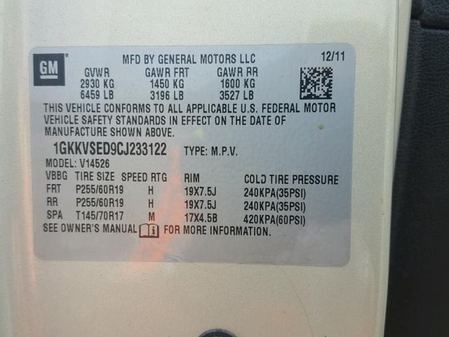 1GKKVSED9CJ233122 - 2012 GMC ACADIA SLT 金色 照片 10