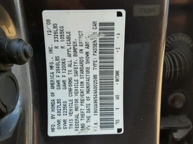 19UUA96549A002588 - 2009 ACURA TL GRAY photo 10