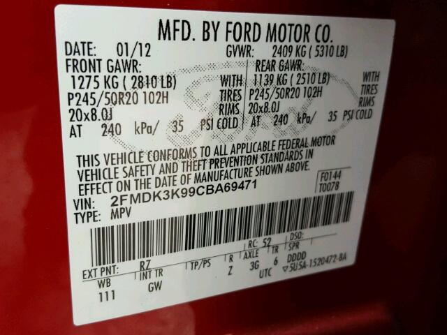 2FMDK3K99CBA69471 - 2012 FORD EDGE LIMIT BURGUNDY photo 10