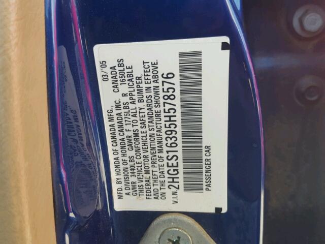 2HGES16395H578576 - 2005 HONDA CIVIC DX V BLUE photo 10