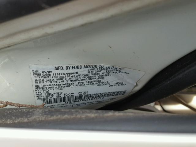 1LNHM87AX2Y690215 - 2002 LINCOLN LS 白色 照片 10