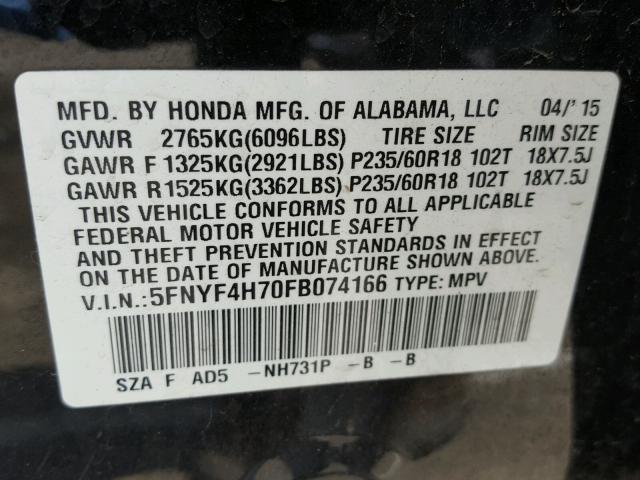 5FNYF4H70FB074166 - 2015 HONDA PILOT EXLN BLACK photo 10