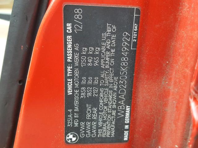 WBAAD2305K8849929 - 1989 BMW 325 I AUTO RED photo 10