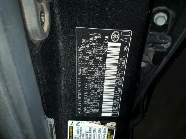 2T1KR32E16C613445 - 2006 TOYOTA COROLLA MA BLACK photo 10