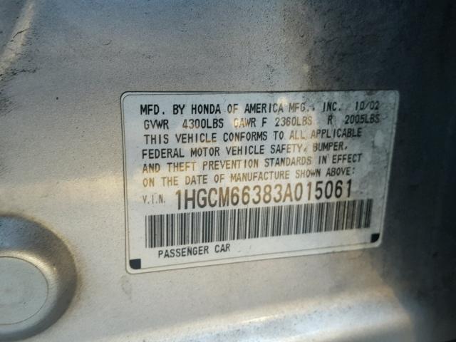 1HGCM66383A015061 - 2003 HONDA ACCORD LX SILVER photo 10