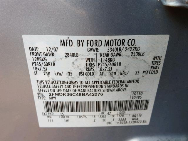 2FMDK36C48BA42076 - 2008 FORD EDGE SE BLUE photo 10