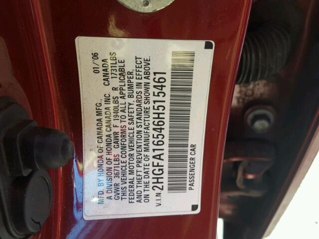 2HGFA16546H515461 - 2006 HONDA CIVIC LX BURGUNDY photo 10