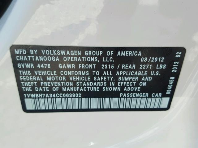 1VWBH7A34CC063802 - 2012 VOLKSWAGEN PASSAT SE WHITE photo 10