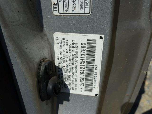 2HGEJ6421XH107860 - 1999 HONDA CIVIC CX GRAY photo 10