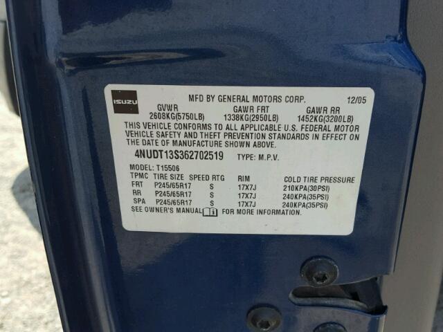 4NUDT13S362702519 - 2006 ISUZU ASCENDER S 蓝色 照片 10