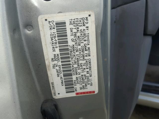 JT2BG22K1Y0432633 - 2000 TOYOTA CAMRY CE SILVER photo 10