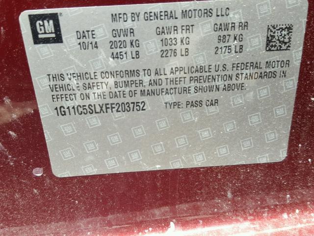 1G11C5SLXFF203752 - 2015 CHEVROLET MALIBU 1LT MAROON photo 10