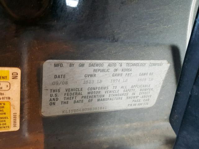 KL1TD56E09B391841 - 2009 CHEVROLET AVEO LS BLACK photo 10